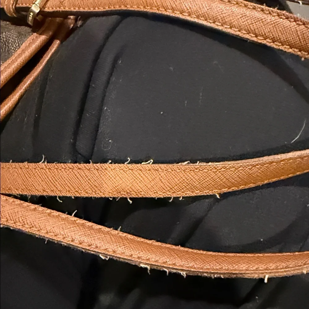 Michael Kors Dark Brown Tote Tan Accents MK gold purse bag designer handbag